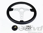 MOMO Steering Wheel - Prototipo - Black Leather - Silver Spokes - 370 mm - 6 x 70 mm Bolt Pattern